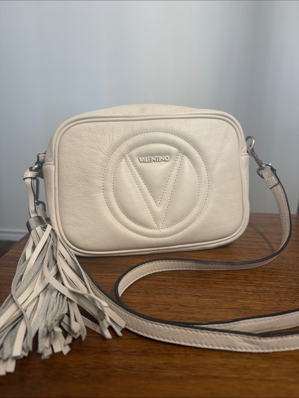 Valentino Mia Leather Crossbody with Tassel in Cream color